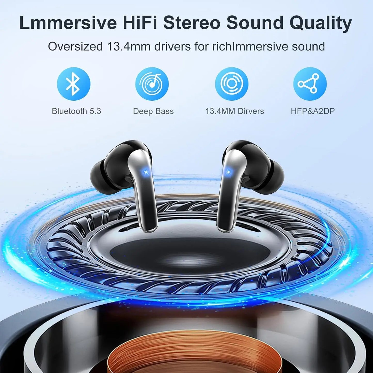 Bluetooth 5.3 Wireless Earbuds ENC Noise Cancelling Mic 50H Playtime Deep Bass Stereo Sound IP7 Waterproof LED Display Mini In-E