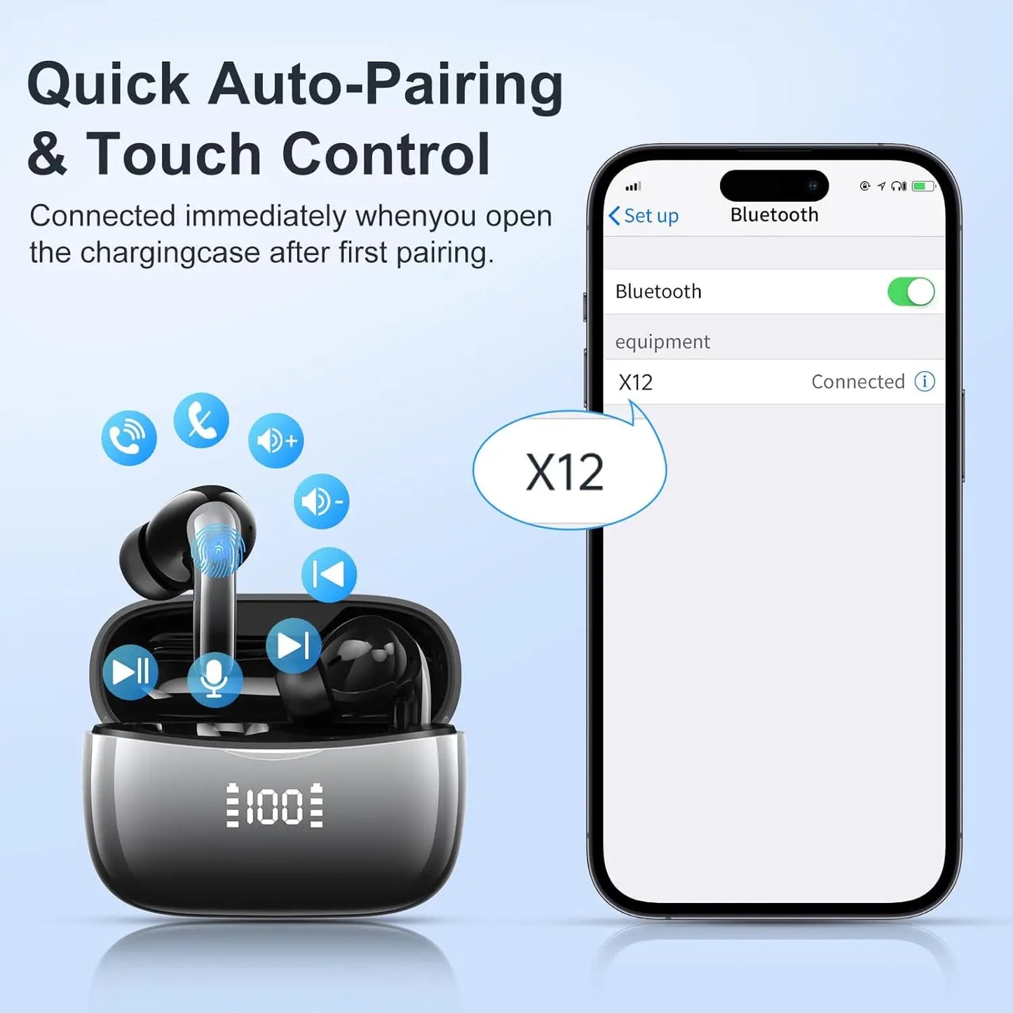 Bluetooth 5.3 Wireless Earbuds ENC Noise Cancelling Mic 50H Playtime Deep Bass Stereo Sound IP7 Waterproof LED Display Mini In-E