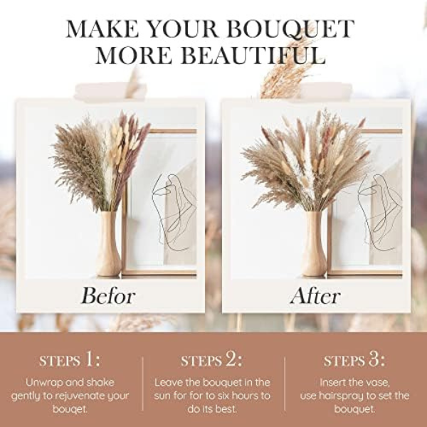 85 Pampas Grass Artificial Flowers Decorative Set Natural Dried Pampas Grass Plants Fluffy Dried Flowers for Home Decor Boho Living Room Ornaments Eco-Friendly & Sustainable